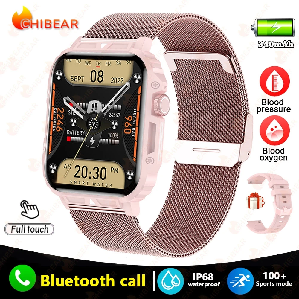 Reloj inteligente, GPS, monitorización de la salud, resistente al agua, voz con IA, llamadas Bluetooth, MDUG (correa de malla rosa)