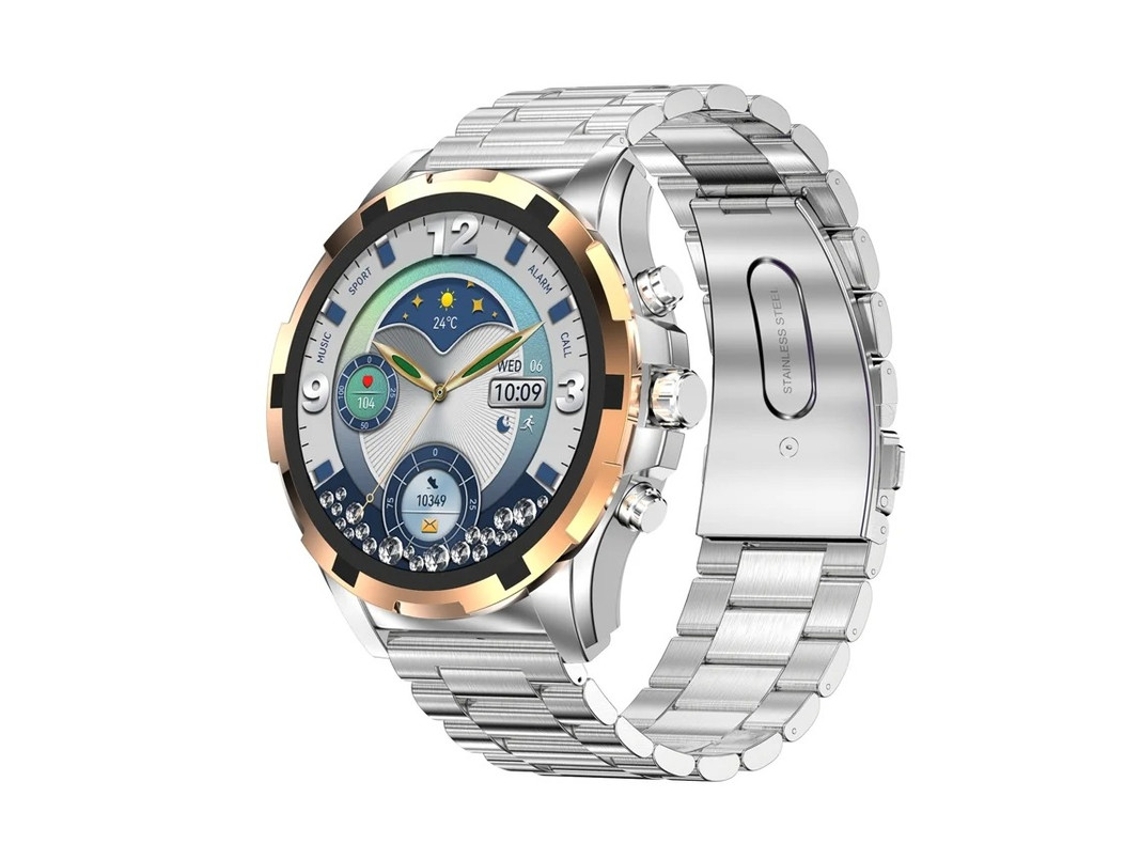 Reloj inteligente con llamadas Bluetooth, actualizaciones meteorológicas, control de música, monitoreo de frecuencia cardíaca y múltiples modos.