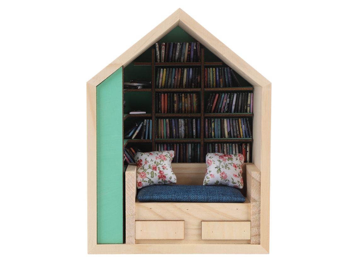 Rebe - Miniatura de estante de livros feita à mão em madeira com almofadas pequenas para decoração de mesa.