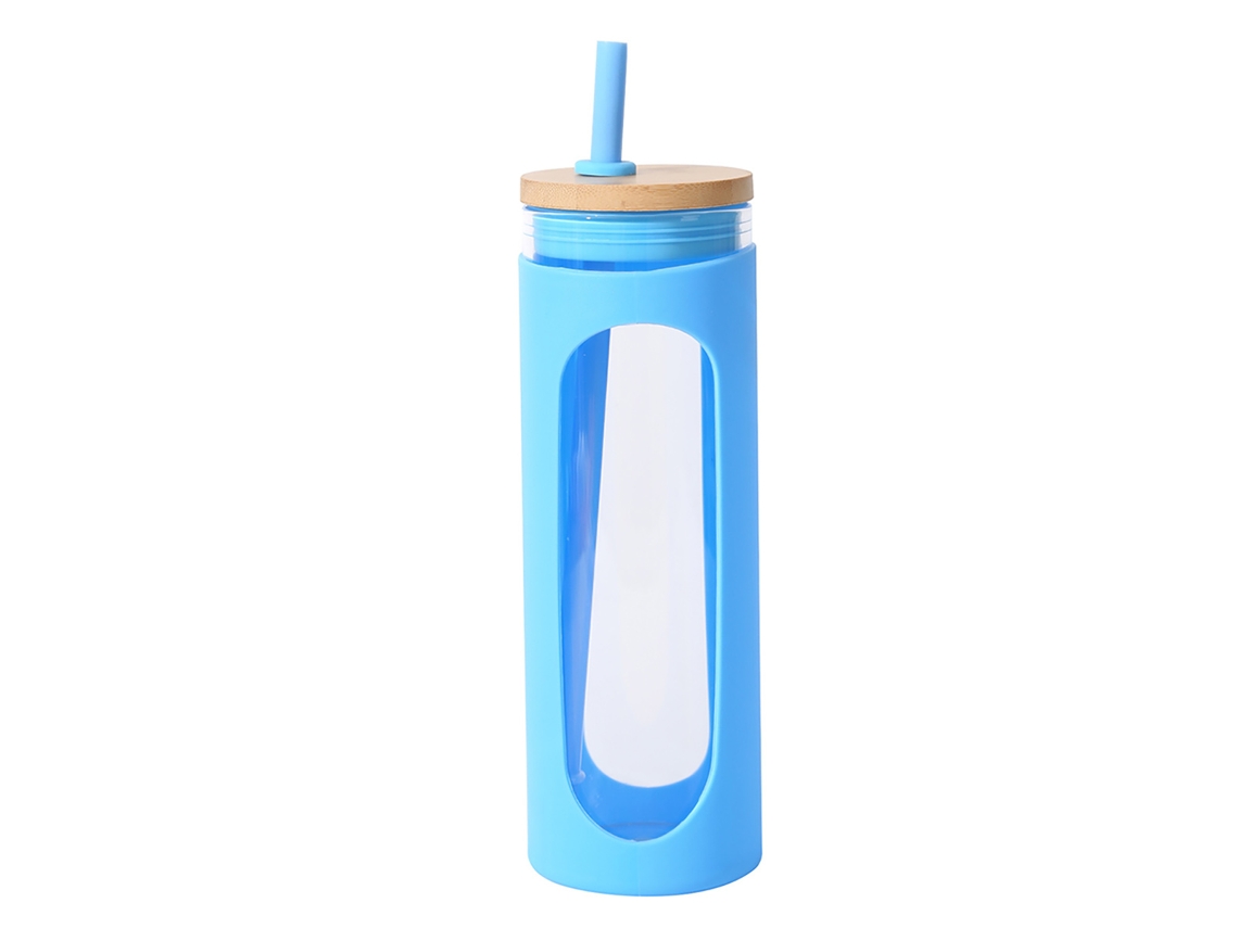 Vaso de vidrio de 600 ml con tapa de bambú y pajita, botella a prueba de fugas con funda de silicona RNEMITERY