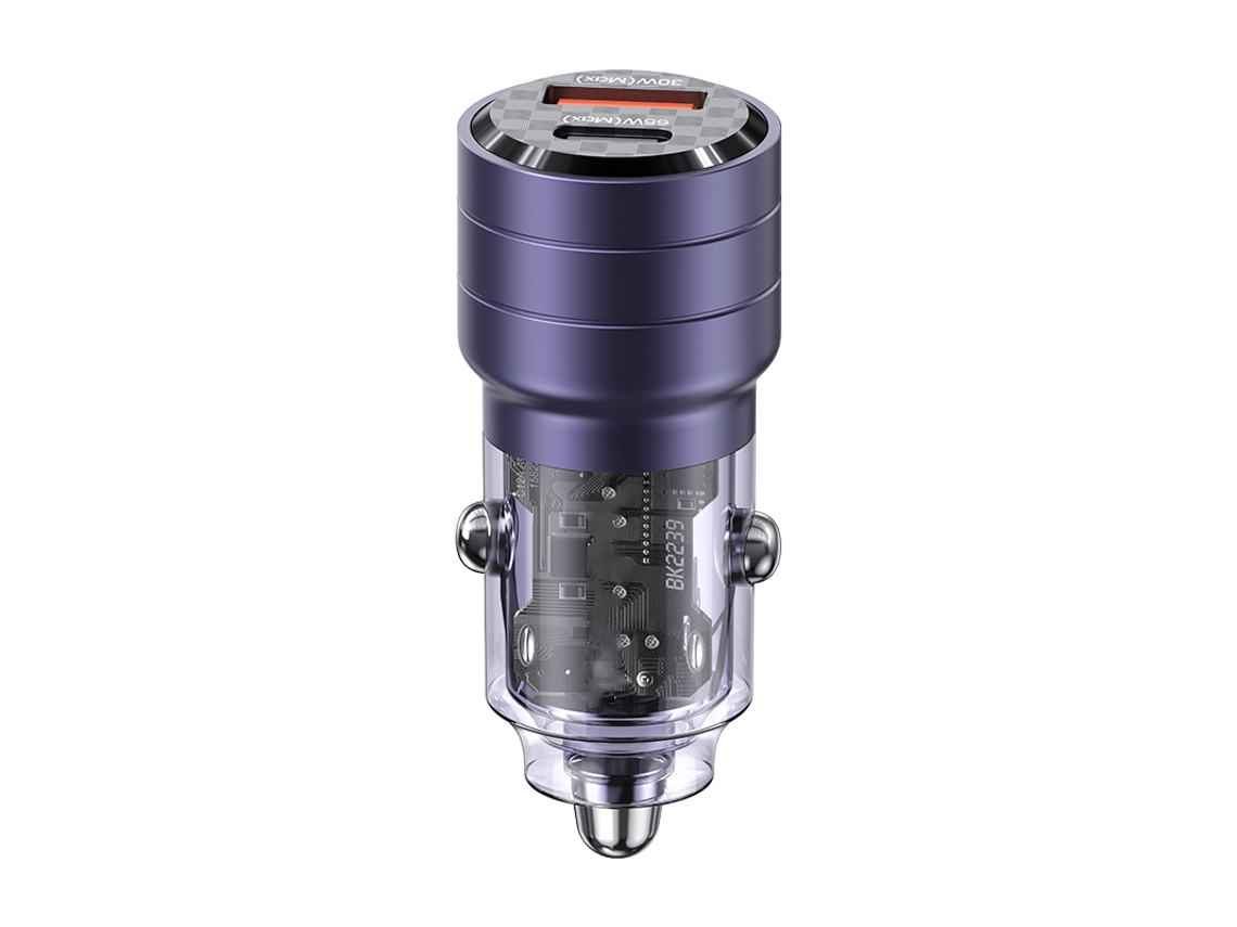 Transmisor de FM YIZHOOD US-CC176 Mini cargador de coche rápido de 95 W para iPhone, iPad, MacBook, AC transparente, dos puertos para Xiaomi, Samsung Huawei morado