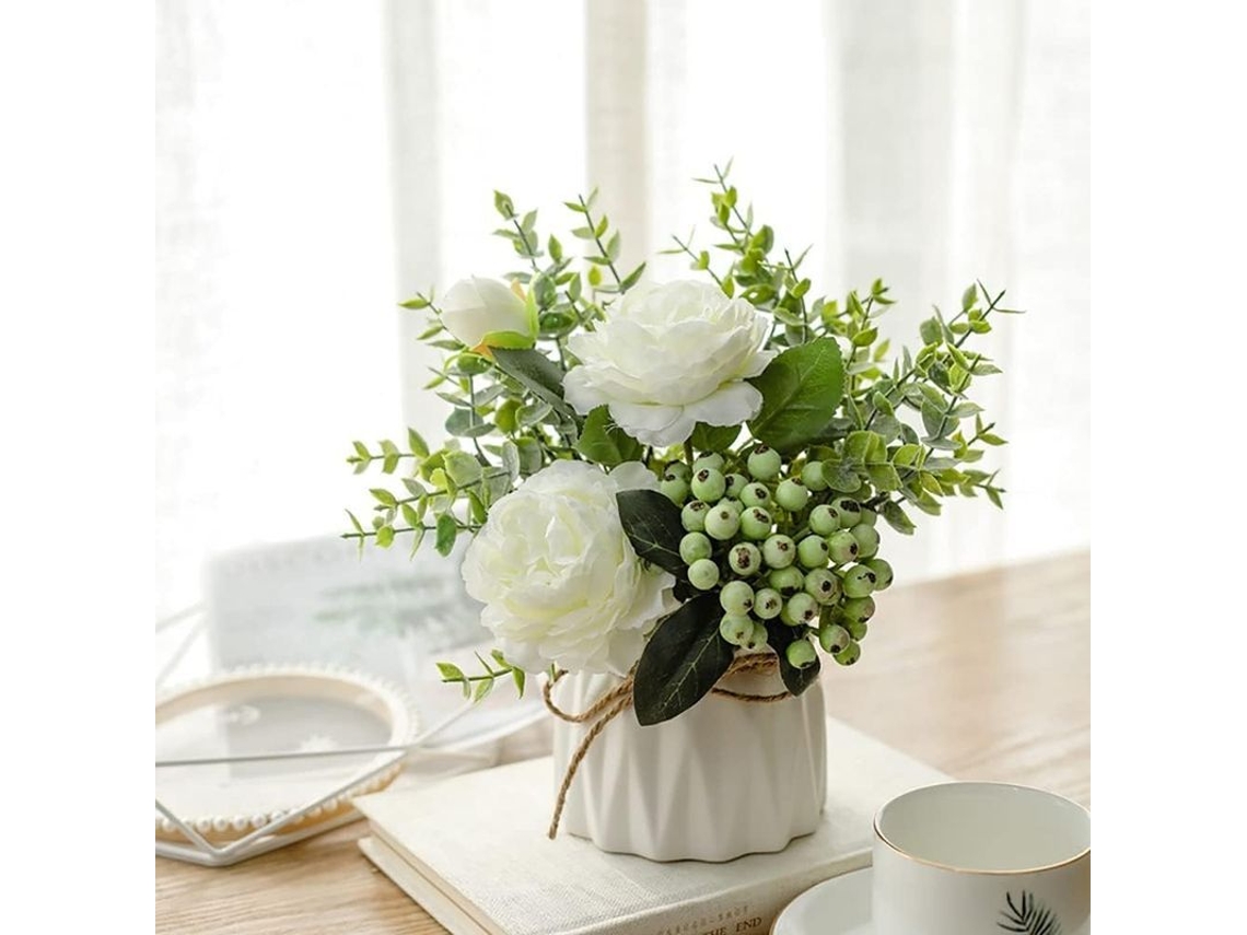 Rosas Blancas Artificiales Con Jarrones De Cerámica Para Decoración De Bodas Y Del Hogar.
