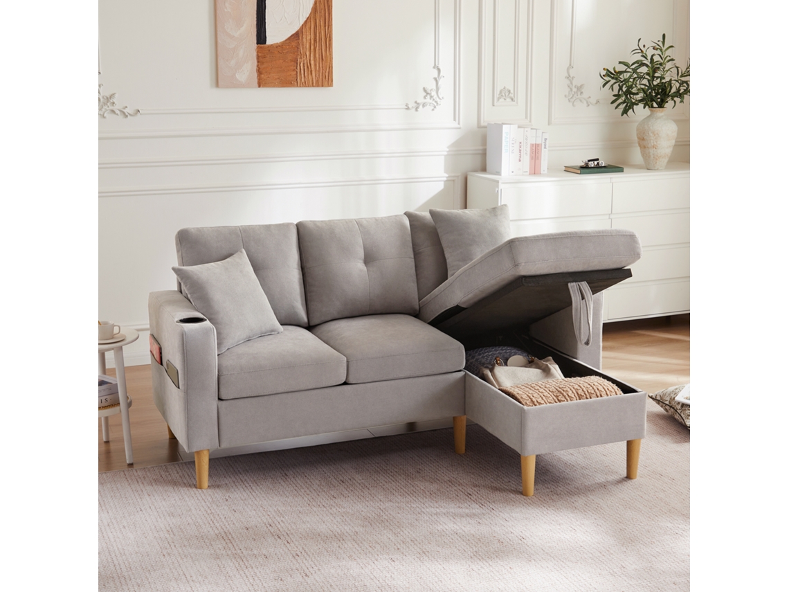 Sofá de 3 plazas en forma de L con chaise longue, espacio de almacenaje, portavasos y 2 cojines incluidos, gris claro, Mobrio