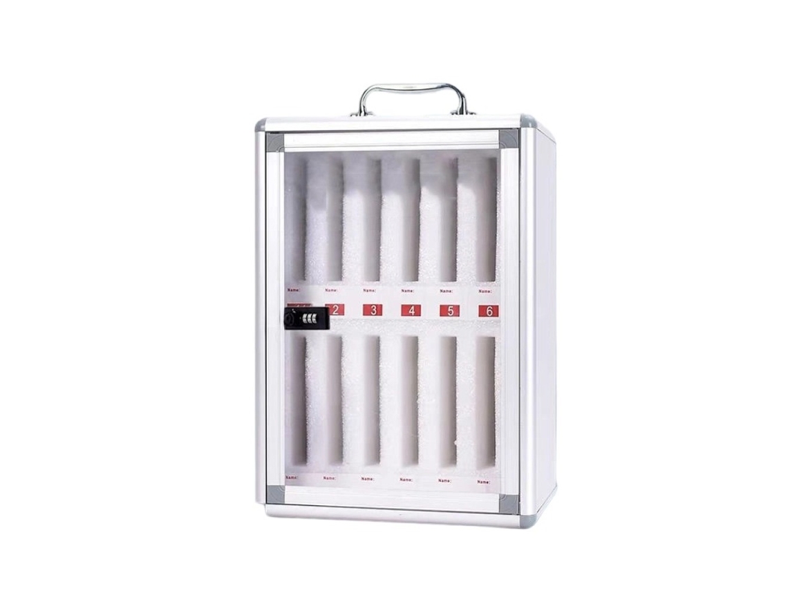 Gabinete de almacenamiento para teléfono celular de aleación de aluminio con 12 compartimentos, montaje en pared con cerradura, portátil