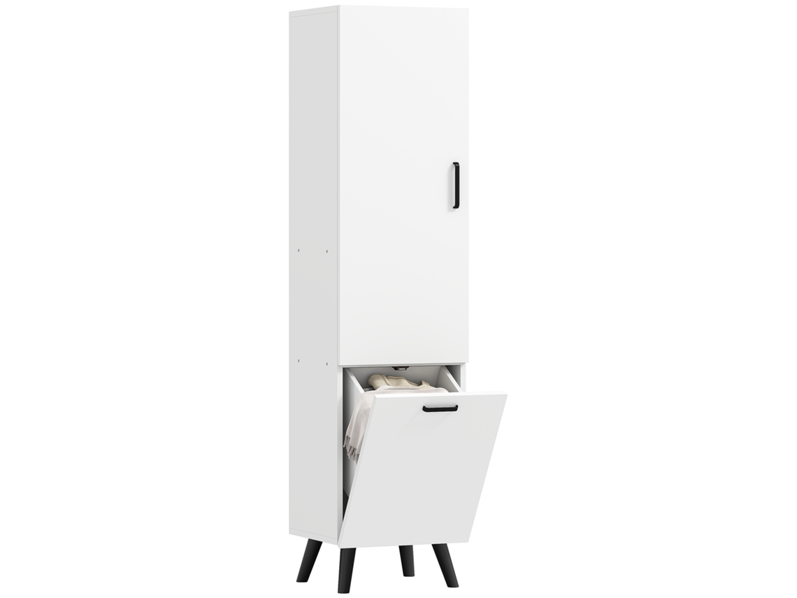 Armario Alto De Baño Con Puertas, Cesta Para La Ropa Sucia, Organizador Para Espacios Pequeños, Blanco.