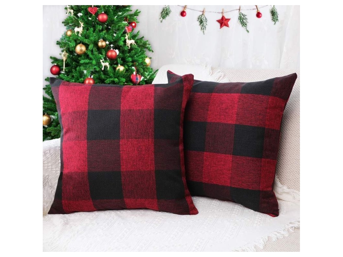 2026-fundas De Almohada Bufanda Cuadros Rojo Negro 45x45cm Poliéster Lino Navidad Decoración Hogar 2 Unidades