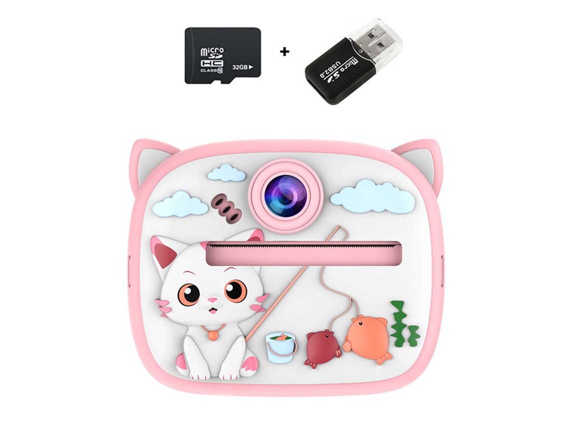 Cámara instantánea Eifson HD 1080p de 48 MP con pantalla IPS de 2,4 pulgadas y tarjeta de memoria de 32 GB (gato rosa)