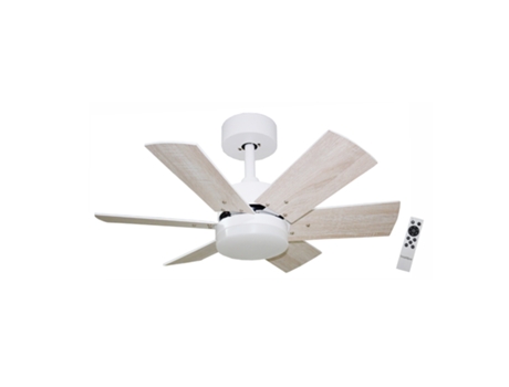 BASTILIPO - Ventilador de techo con motor DC, mando a distancia, 75 cm Ø, 6 aspas, blanco/roble claro, luz LED 3 tonos, CALA BLANCA DC