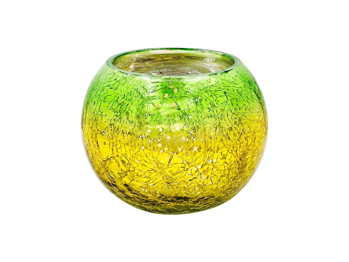 Vela de vidrio electrolítico con degradado verde amarillo. Diámetro 6,5 cm. Altura 8 cm.