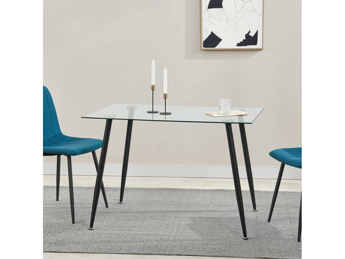 Mesa de cristal Hyrynsalmi versátil con 4 patas de acero 110 x 70 x 75 cm - Transparente y Negro [en.casa]