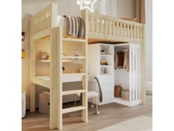 Cama Alta De 90x200 Cm, Escritorio, Armario, Cajoneras, Escalera, Sistema De Seguridad Infantil.