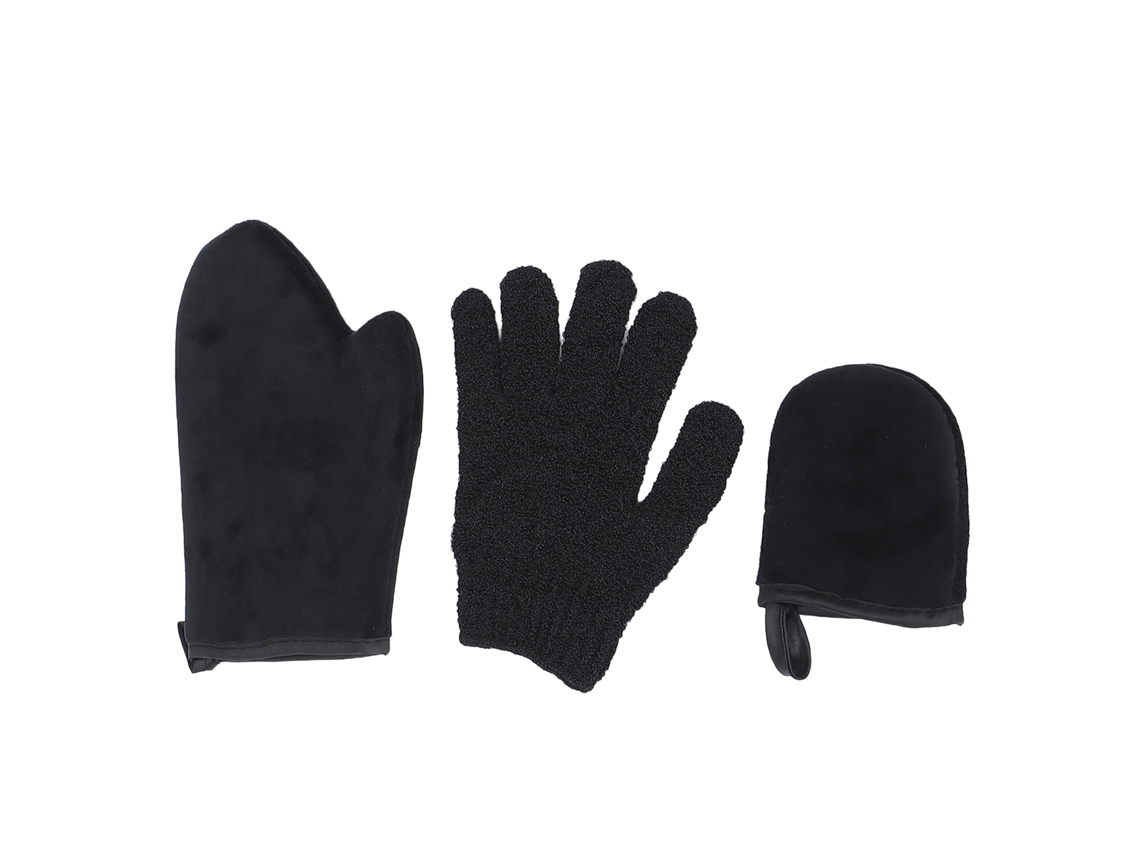 Kit de guantes autobronceadores de 3 piezas: guante exfoliante, guante grande y guante con pulgar para aplicar espuma, crema y protector solar.