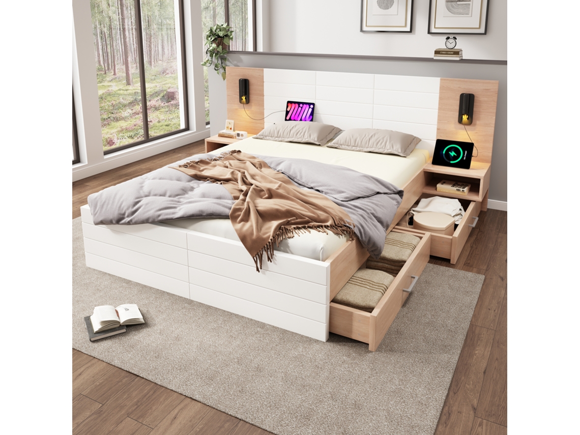Cama De Madera Blanca De 140x200 Con Cajones Y Puerto Usb.