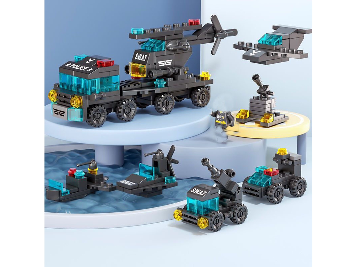 Minibloques de construcción 6 en 1: coche de policía, camión de bomberos y castillo. Kit de construcción DIY. Juguetes educativos para niños. Viewleaf