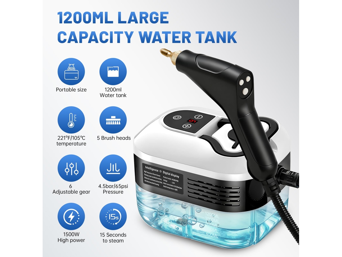 Limpiador A Vapor Portátil 1500w 1200ml 4,5 Bar, 6 Niveles, 105°c, Manguera 2 M, 9 Accesorios