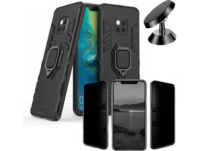 Kit Carcasa, Protector Privacy y Soporte Magnetico Huawei Mate 20 Pro Military Defender Negro