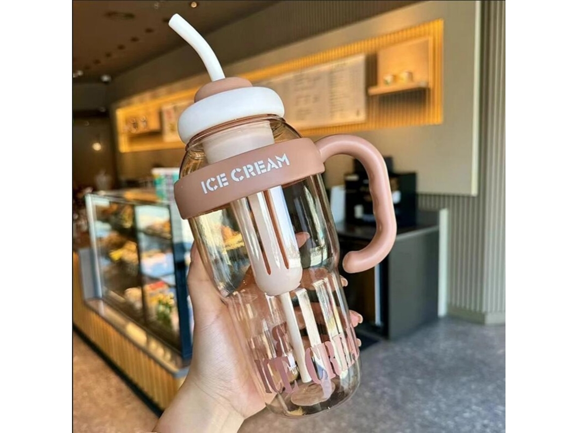 (marrón) Vaso De Plástico De Verano Con Cinta De La Suerte Y Pajita, Bonito Estilo De Dibujos Animados.