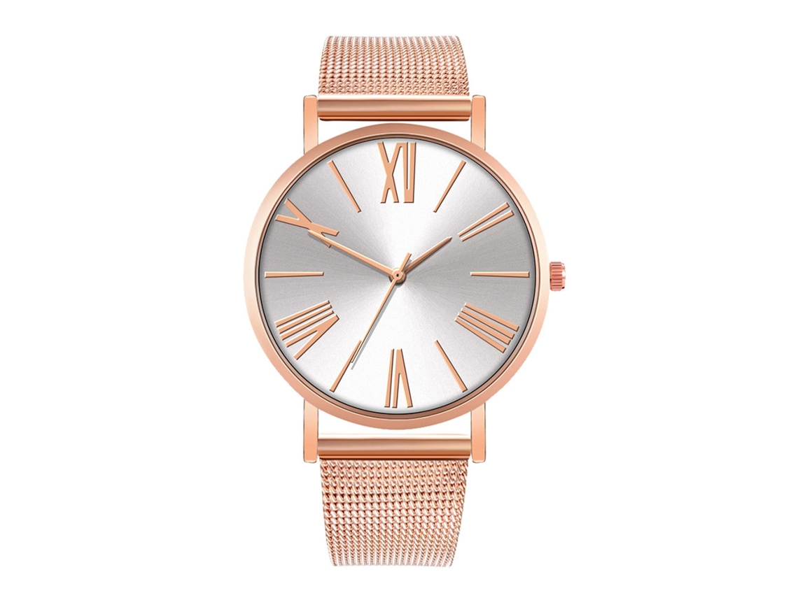 Reloj De Cuarzo De Pareja Con Correa De Malla Moda Dial Numeros Romanos Blanco Oro Rosa