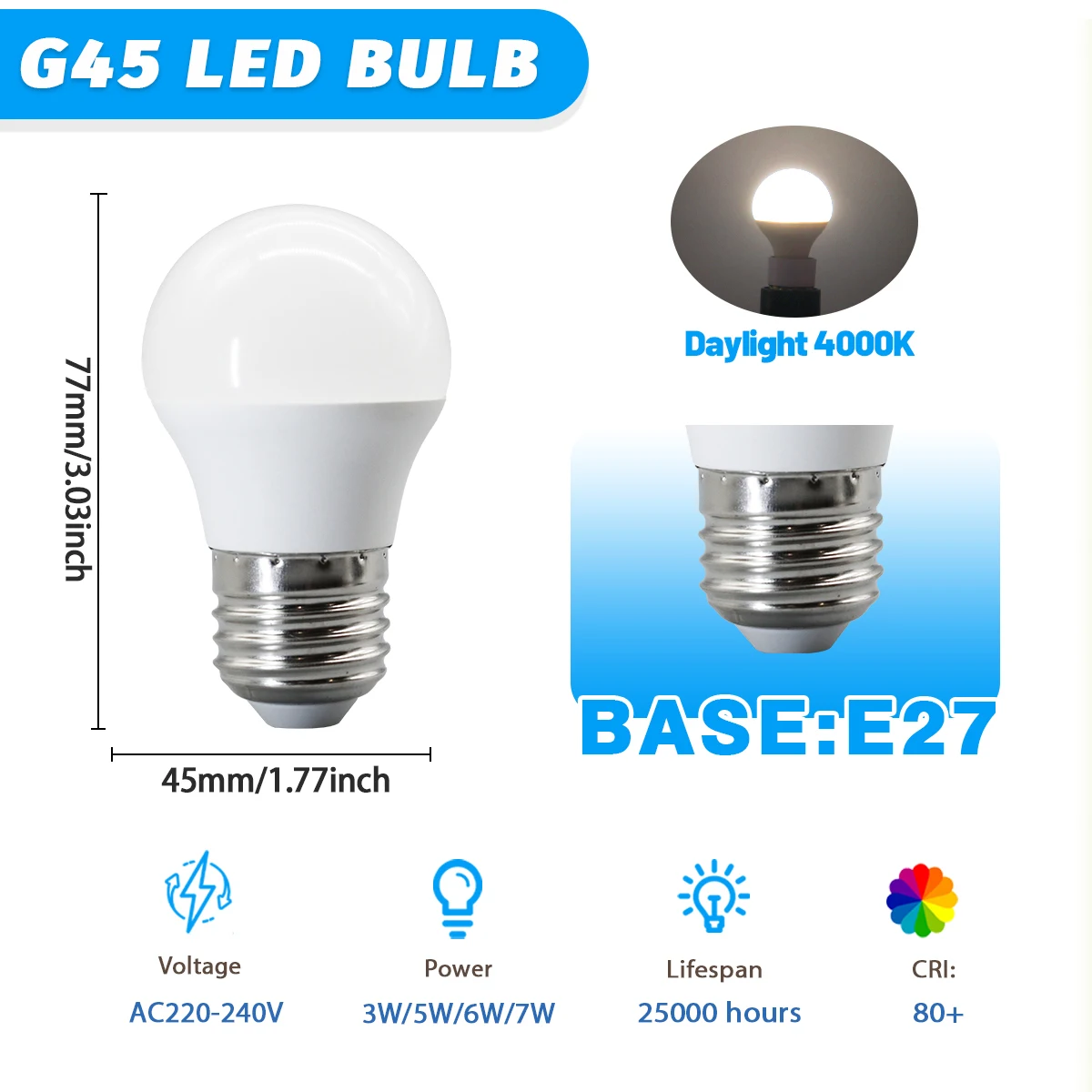 (e27 4000k, 3w) Cuatro Bombillas Led G45, Ac220v-240v, Sin Parpadeo, Respetuosas Con La Vista, Aptas Para Iluminación Doméstica.