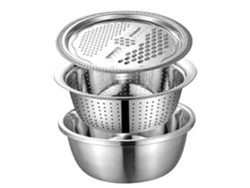 Juego de rallador de cocina multifuncional con escurridor de acero inoxidable, ideal para preparar queso, verduras, frutas y ensaladas.