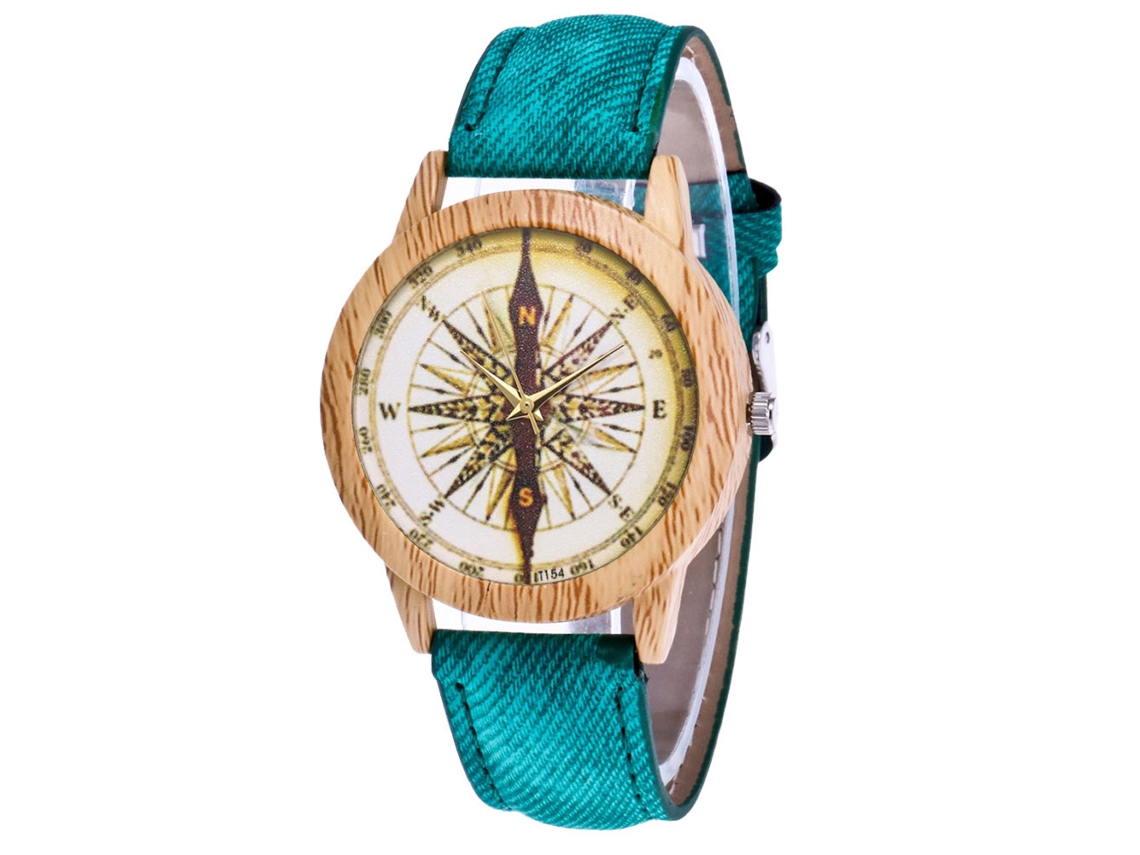 Reloj De Pulsera Unisex Zhoulianfa, Diseño De Brújula, Correa De Mezclilla Verde.