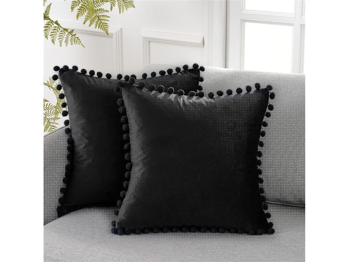 2026-funda De Almohada Decorativa De Terciopelo Suave Con Pompones 18x18 Pulgadas Para Sofá, Dormitorio Y Coche, Pack De 2, Negro
