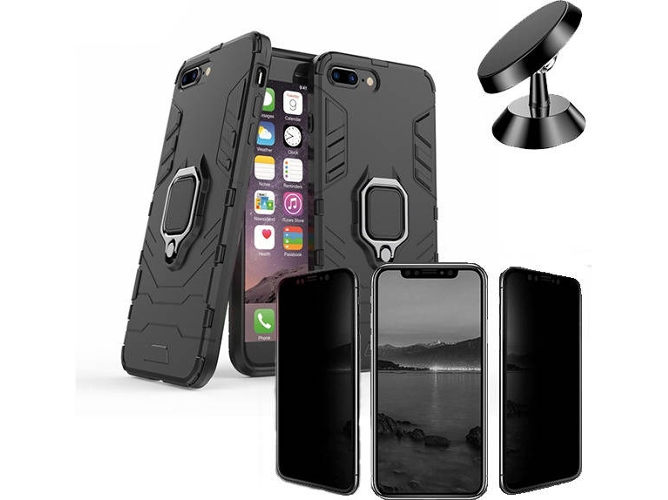 Kit Funda, Protector Privacy y Soporte Magnetico iPhone 7 Plus, 8 Plus Military Defender Negro