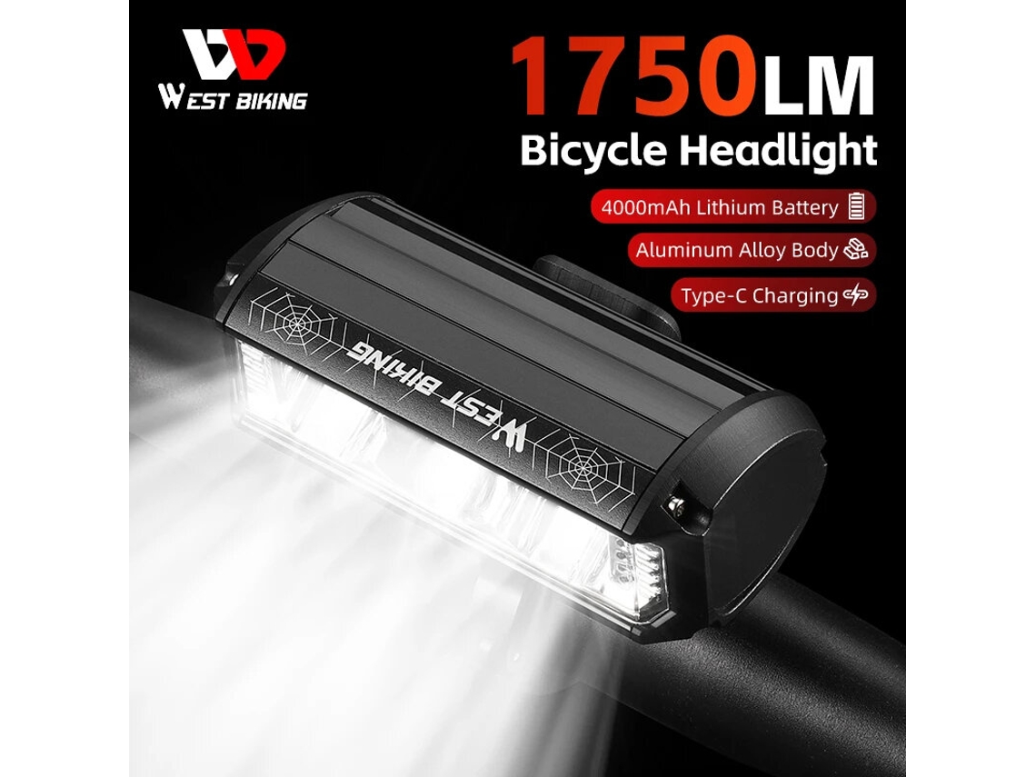 West Biking Faro Delantero Bicicleta 1750lm Batería 4000mah Resistente Agua 4 Modos Usb-c Aluminio Mini Eléctrica Patinete Montaña