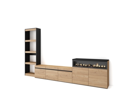 Muebles de Salón para TV 310x186x35cm Para TV hasta 65 Chimenea eléctrica Roble y negro