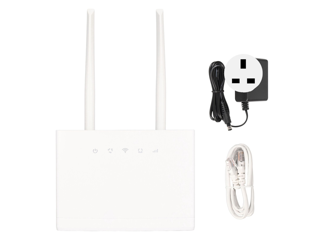 Router CPE 4G LTE con ranura para tarjeta SIM, 300 Mbps, 32 usuarios, 2 antenas (5 dBi), punto de acceso WiFi, enchufe británico, 100-240 V.
