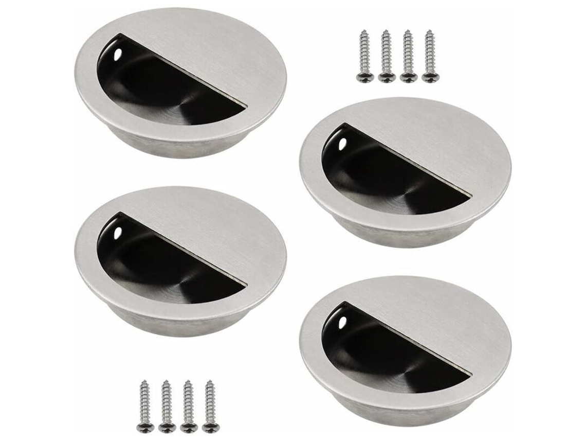 Juego De 4 Tiradores Empotrados De Acero Inoxidable, Acabado Plateado, Para Puerta Corredera Redonda De Ø50 Mm Con Orificio Semicircular De 40x20 Mm.