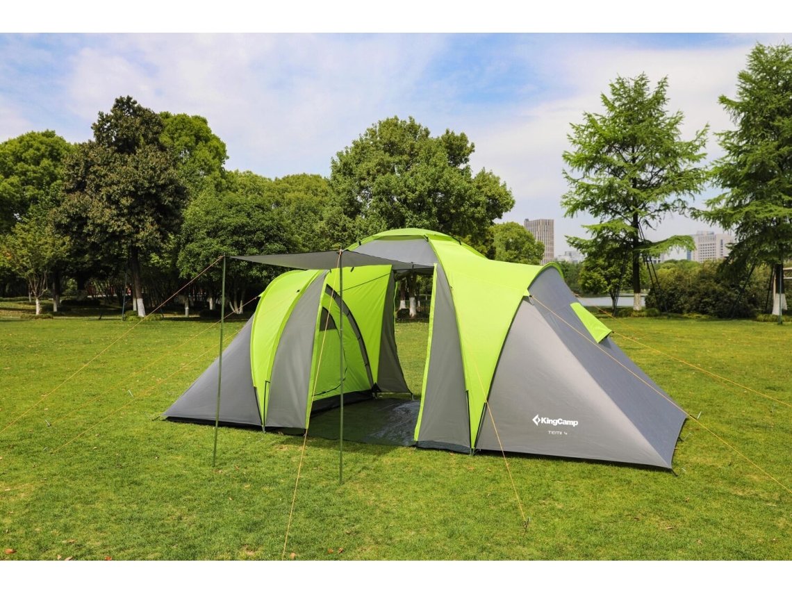 Tienda de campamento familiar de 4 salas - Amplio y cómodo 500 x 220 x 200 cm Verde y gris TRENDYFLAIR