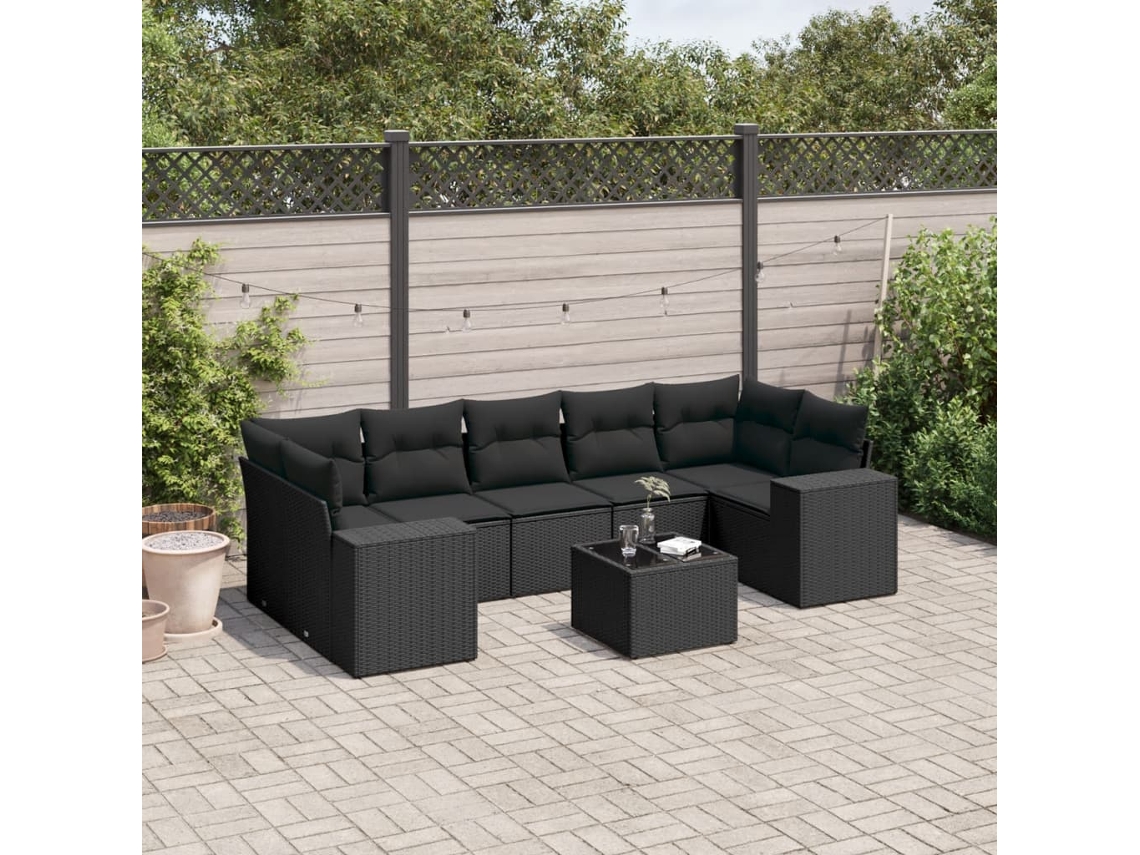 Conjunto de 8 sofás de jardín con cojines de mimbre sintético negro, Dkd Home Decor