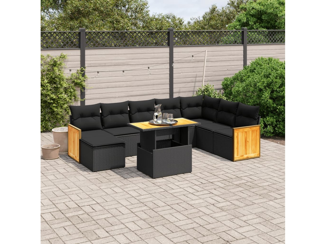 Conjunto de sofá de jardín de 9 piezas con cojines, ratán negro, Dkd Home Decor