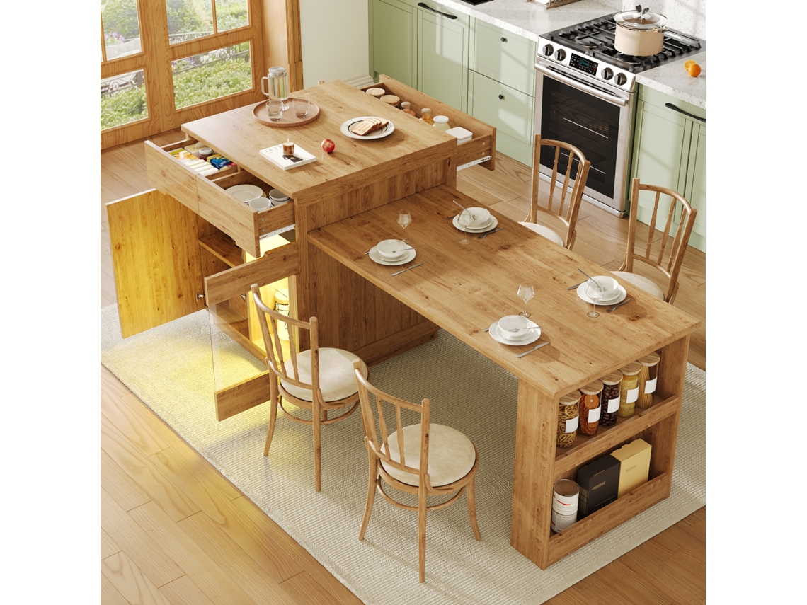 Isla de cocina con mesa retráctil e iluminación LED controlable mediante aplicación - HONGRUI TECH