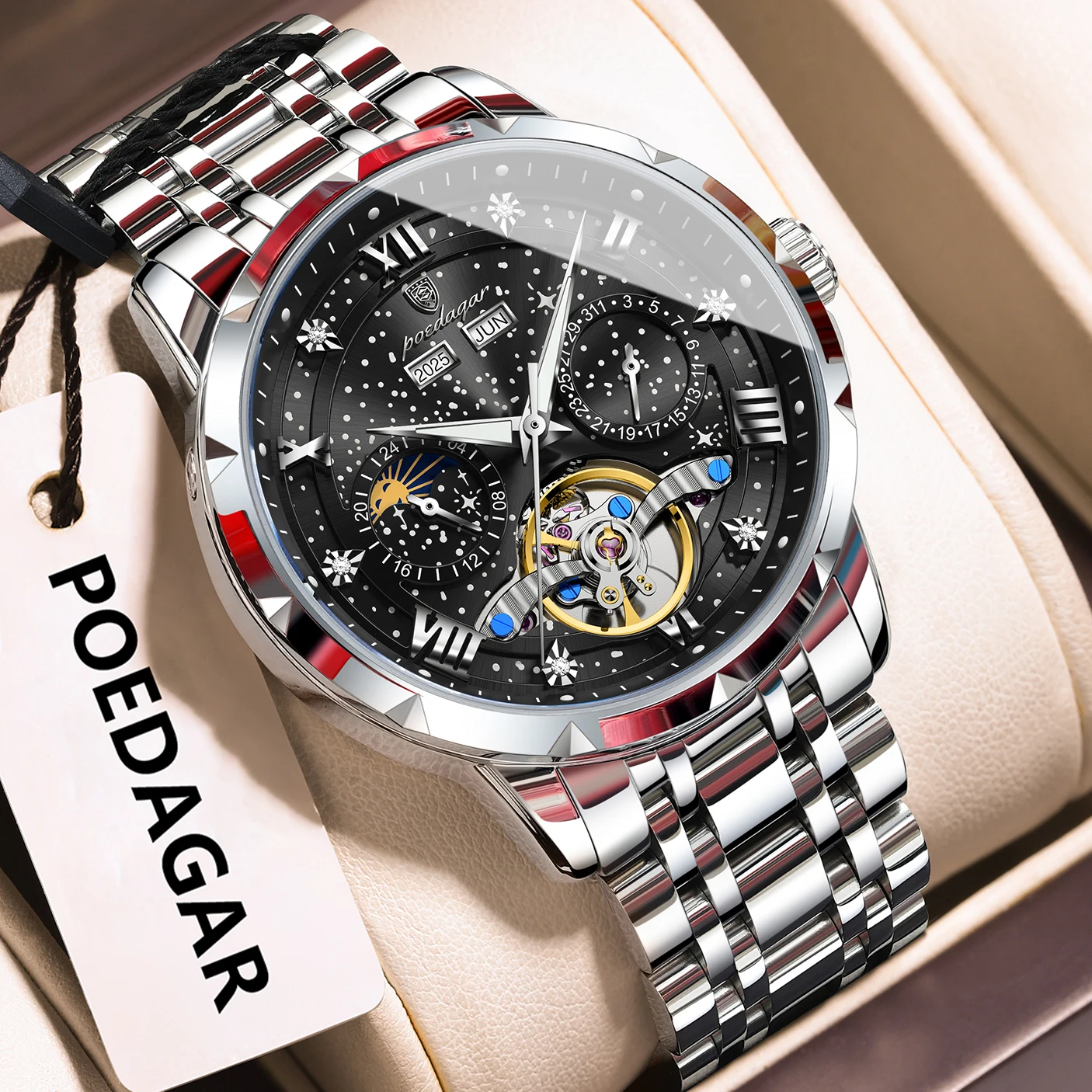 Reloj De Pulsera Automático Mecánico De Acero Inoxidable Para Hombre (caja Plateada, Esfera Negra)