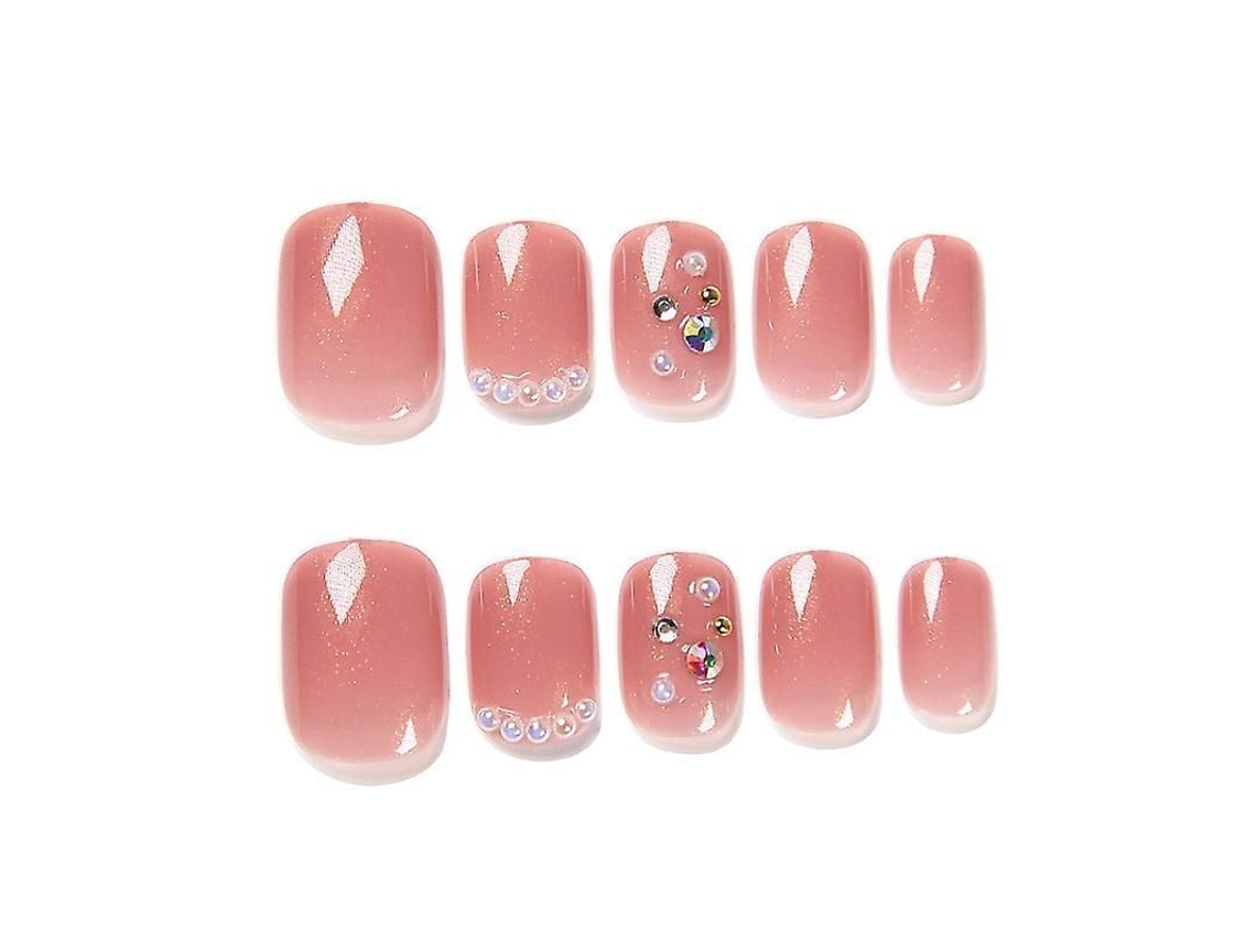 Uñas Postizas Caseras Con Perlas Y Diamantes Brillantes, Estilo Japonés, Color Rosa Nude.