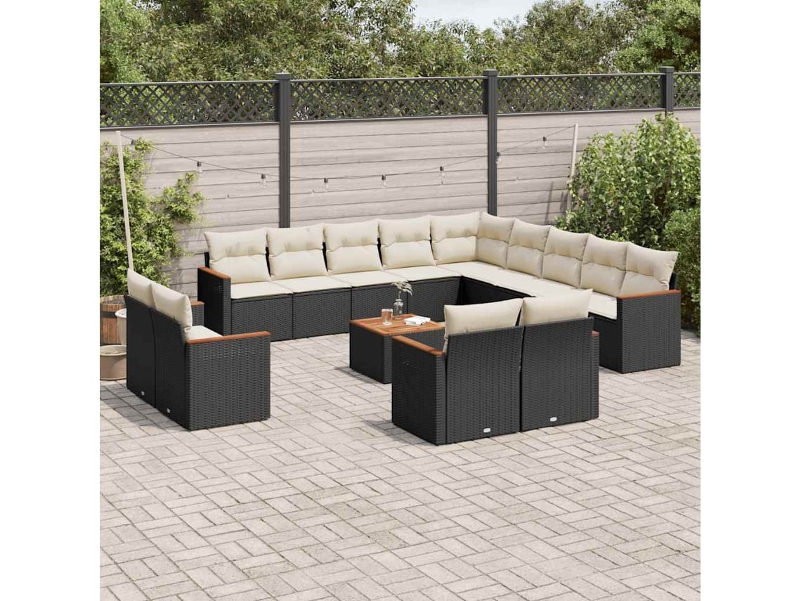 Conjunto de sofá de jardín de 14 piezas con cojines, ratán negro, Dkd Home Decor