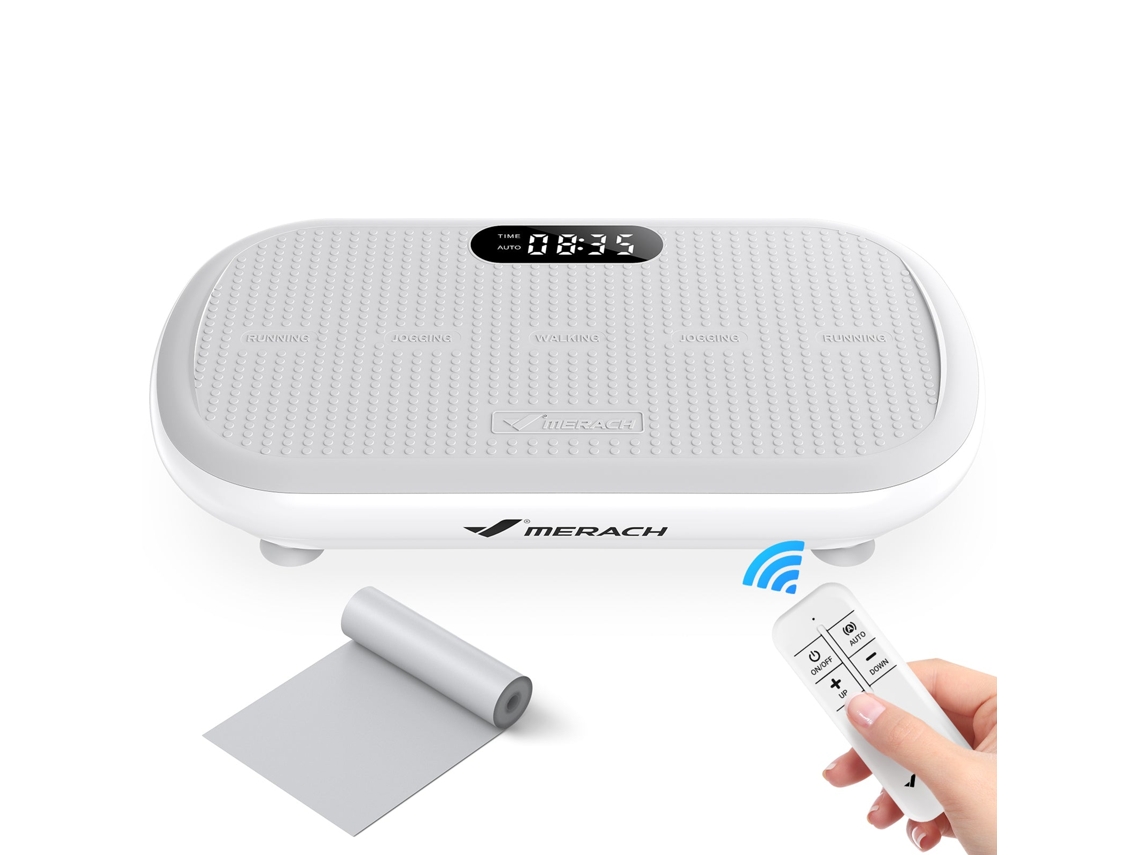 Plataforma vibratoria Merach, control remoto, pantalla LED, Bluetooth, 10 velocidades, 11 programas, silenciosa, capacidad 200 kg