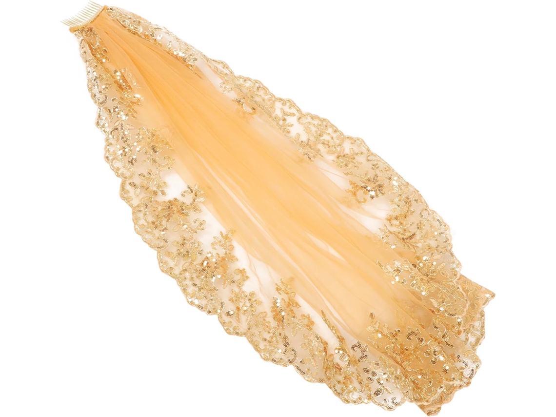 Velo De Novia Largo Dorado Con Lentejuelas Y Peineta Metálica, Accesorio Para El Cabello Para Bodas.