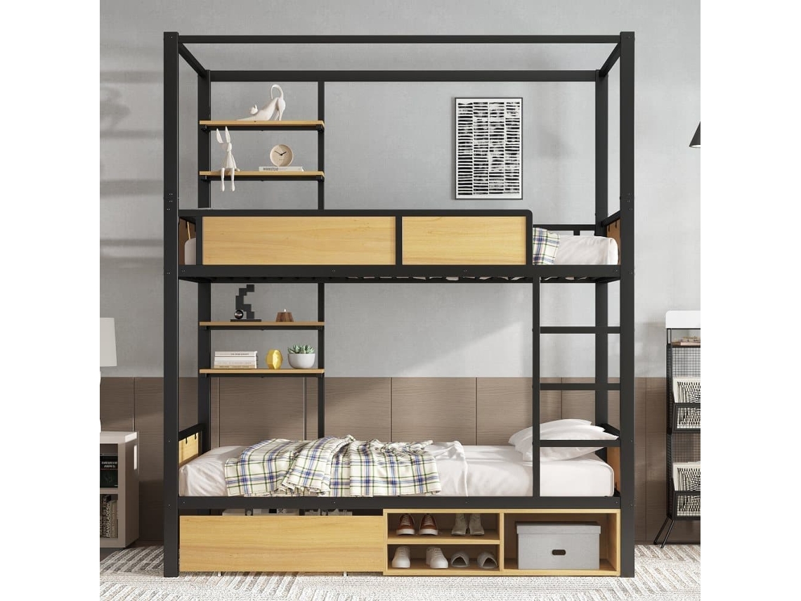 Cama Alta 90x200 - Cama De Hierro + Mdf, Doble Estante Lateral, Barandillas Y Escaleras Resistentes, Almacenamiento Bajo La Cama, Cortina Superior Opcional - Negro+natural