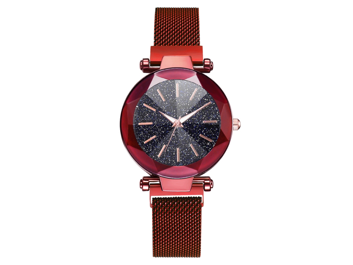 Reloj De Cuarzo Para Mujer Con Correa De Malla, Botón Magnético Y Esfera Redonda Roja.
