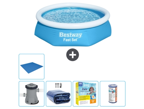 Piscina hinchable redonda Fast Set BESTWAY - 244 x 61 cm - Azul - Bomba incluida Vela solar - Paquete de mantenimiento - Filtrar - Suelo