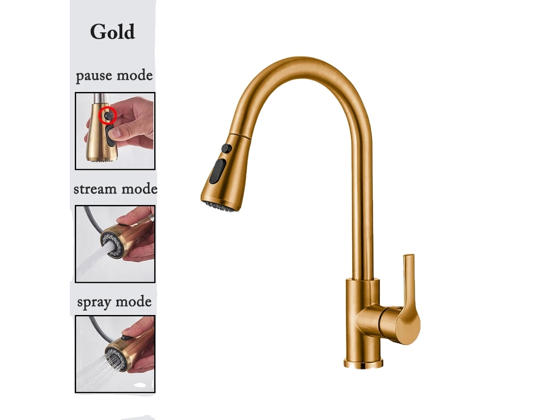 Grifo de cocina extraíble, modos de rociado versátiles, construcción de acero inoxidable, cf04043 Gold OEM