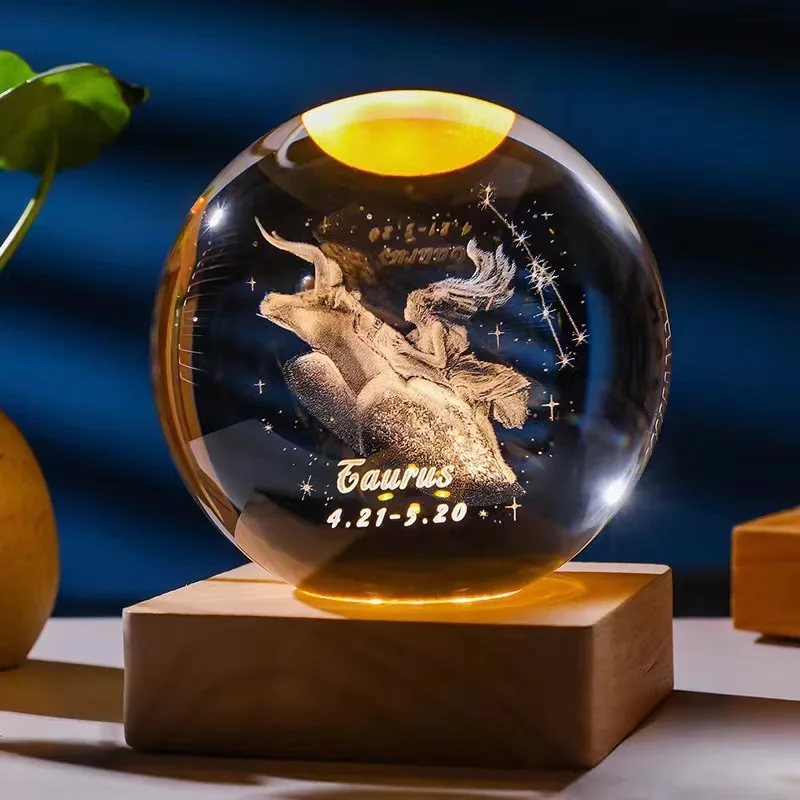 (tauro 8x8cm Con Luz) Bola De Cristal De Doce Constelaciones De 6,8 Cm, Base De Madera Con Led