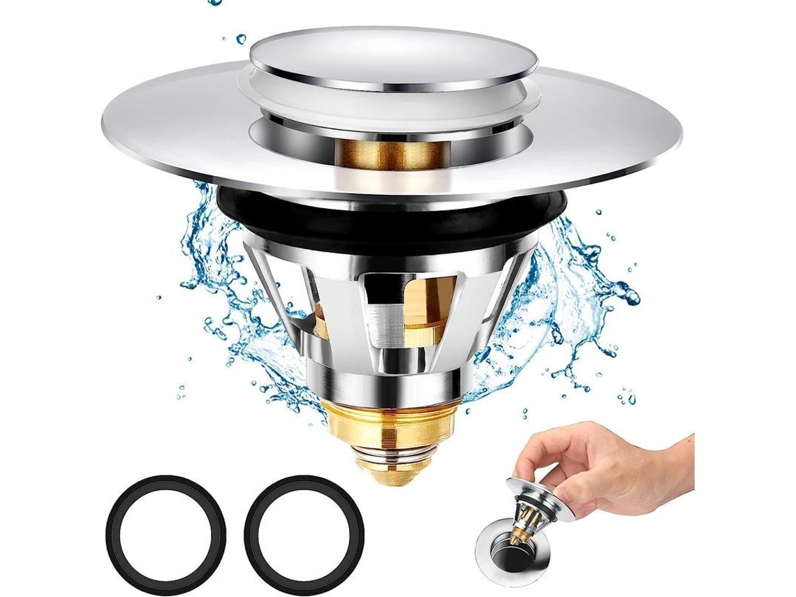 Tapón de desagüe emergente con 2 juntas, colador universal para baño de 34-38 mm, filtro de desagüe antiobstrucción para cabello y objetos pequeños.