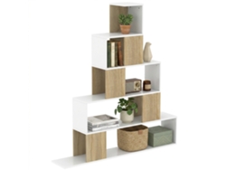 Librería De 5 Baldas Con Diseño Escalonado En Blanco Y Natural.