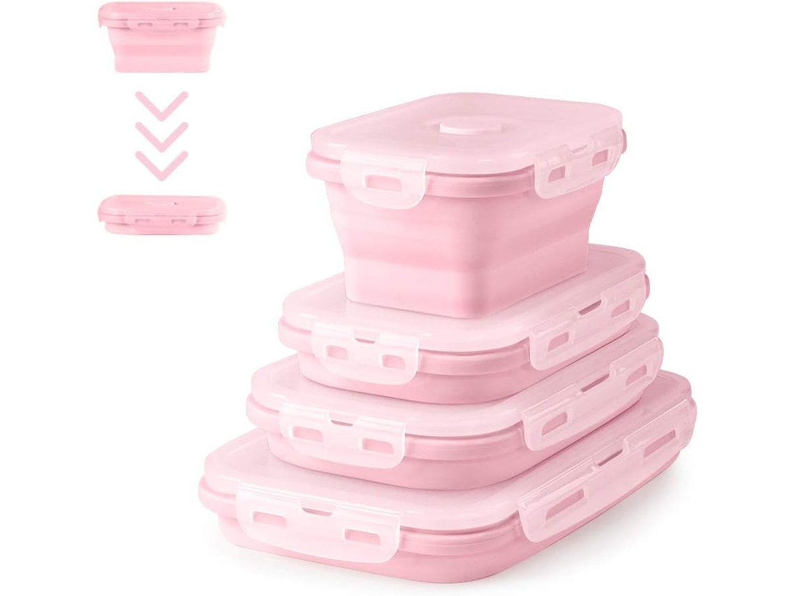 4 Marmitas Silicone Dobrável Rosa com Tampa P/ Piquenique ZYBLSSBB
