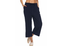 2026-pantalones De Lino Para Mujer De Cintura Alta Y Pierna Ancha Con Cordón Y Bolsillos Casuales Sueltos L Azul Marino