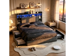 Cama Con Espacio De Almacenamiento 140 X 200-cama De Matrimonio Con Led-para 2 Adultos-toma Usb/tipo C Multifunción-cama Tapizada En Lino-mdf